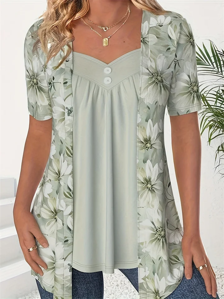 Summer New Women's Fake Two-piece Short-sleeved Printed Fashion Tops