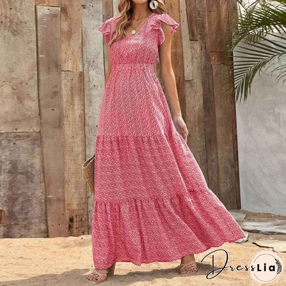 Summer Bohemian V-neck Dress Women High-waisted Printed Holiday Dress Stitching Floral Dress Vestidos De Mujer