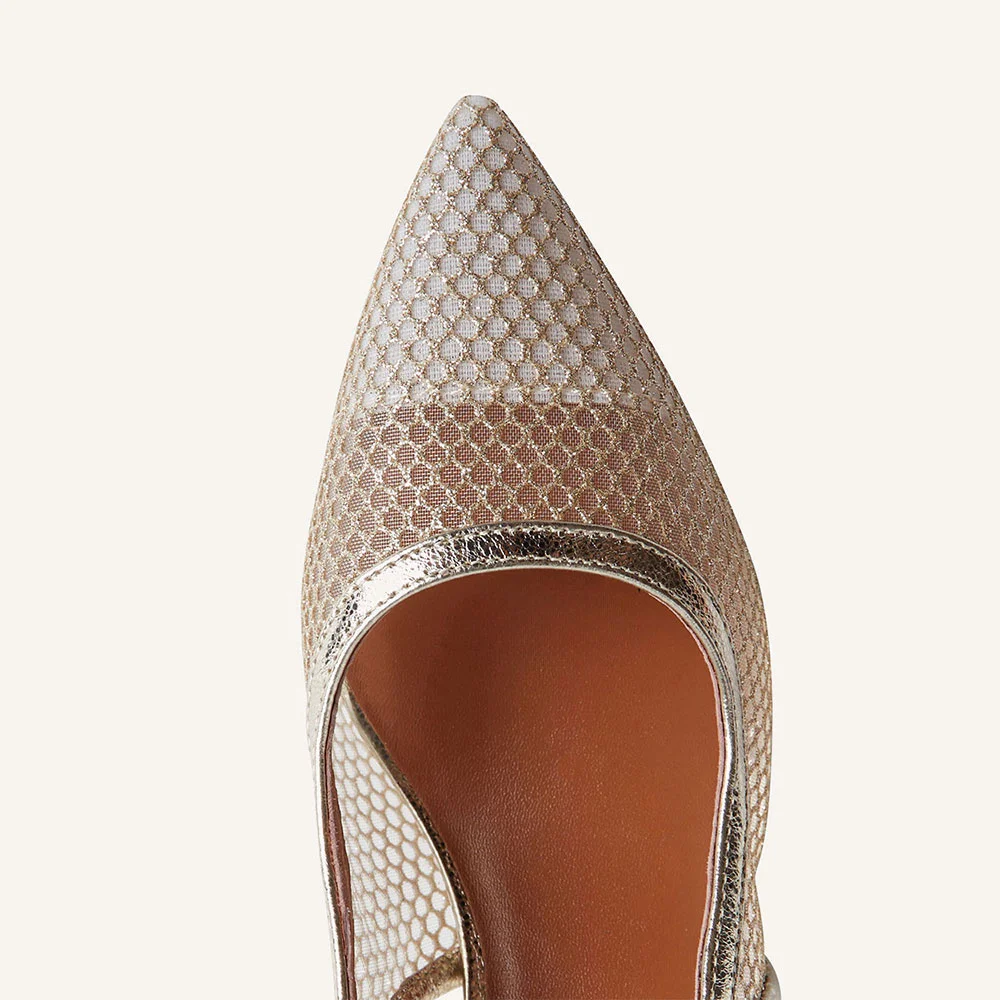 YDN Gold Glitter Mesh Pointed Toe Kitten Heel Slingback Pumps