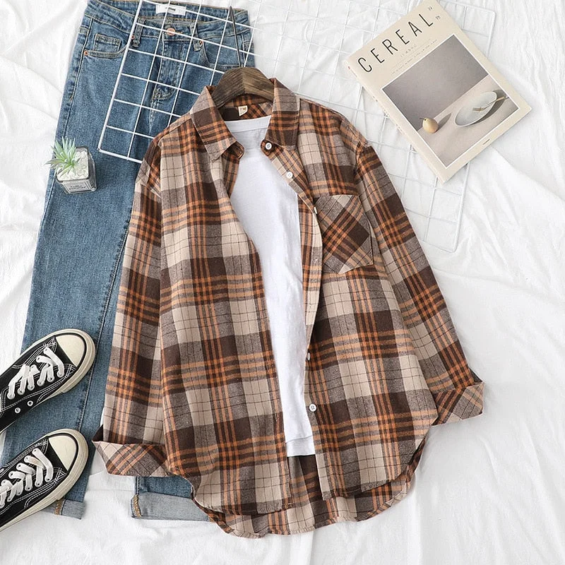 Autumn New Women Vintage Oversize Flannel Plaid Shirt With Pockets Full Sleeve Turn Down Collar Casual Blouse BF Basic Tops T162