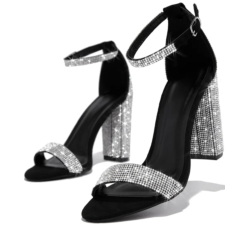 Elegant Rhinestones Sandal Women's Ankle Strap Chunky Heel Suede Shoes |FSJ Shoes