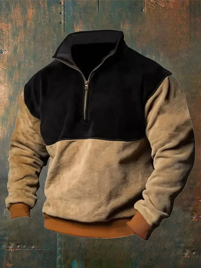 Men's Vintage Fleece Color Block Stand Collar Quarter Zip Sweatshirt