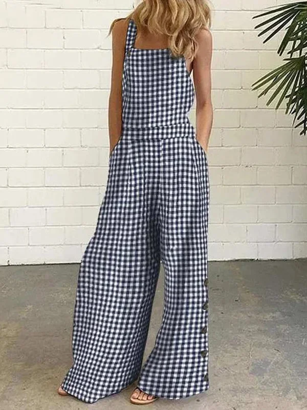 Buttoned Plaid Pockets Loose Sleeveless Collarless Overalls