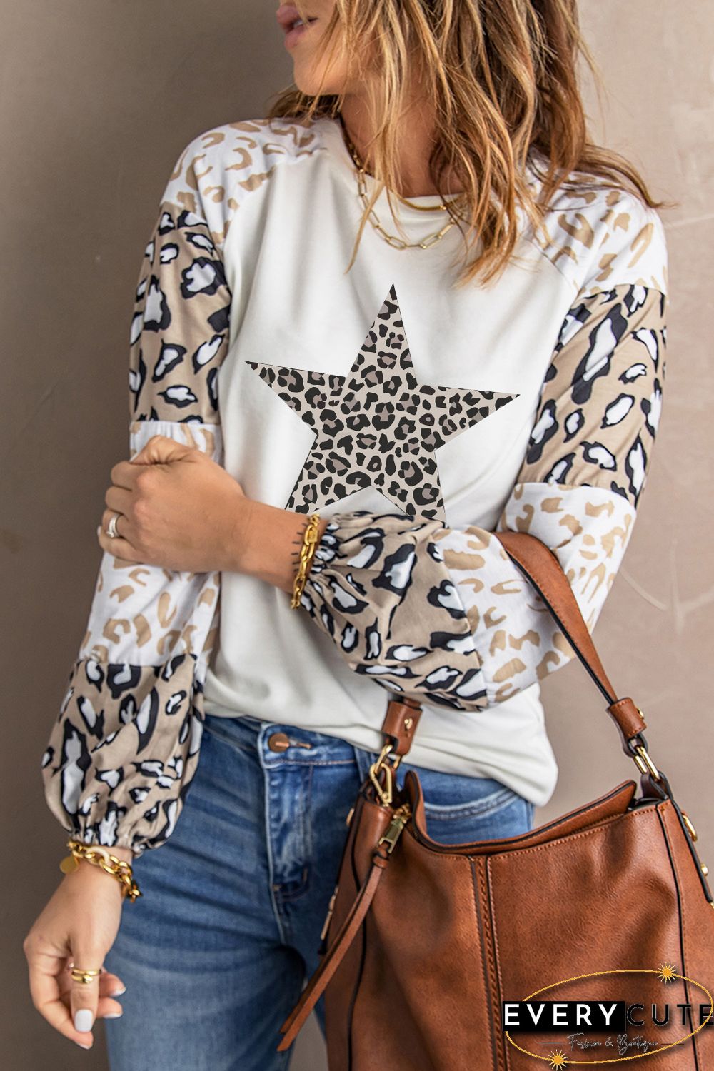 Star Leopard Color Block Long Sleeve Top