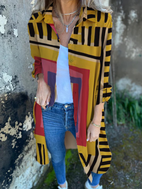 Geo Print Lapel Collar Women Shirt Loose Casual Coat