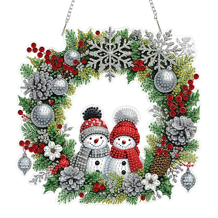 2D Flat Acrylic DIY Xmas Snowman Wreath Hanging Diamond Art Kits for Wall Door