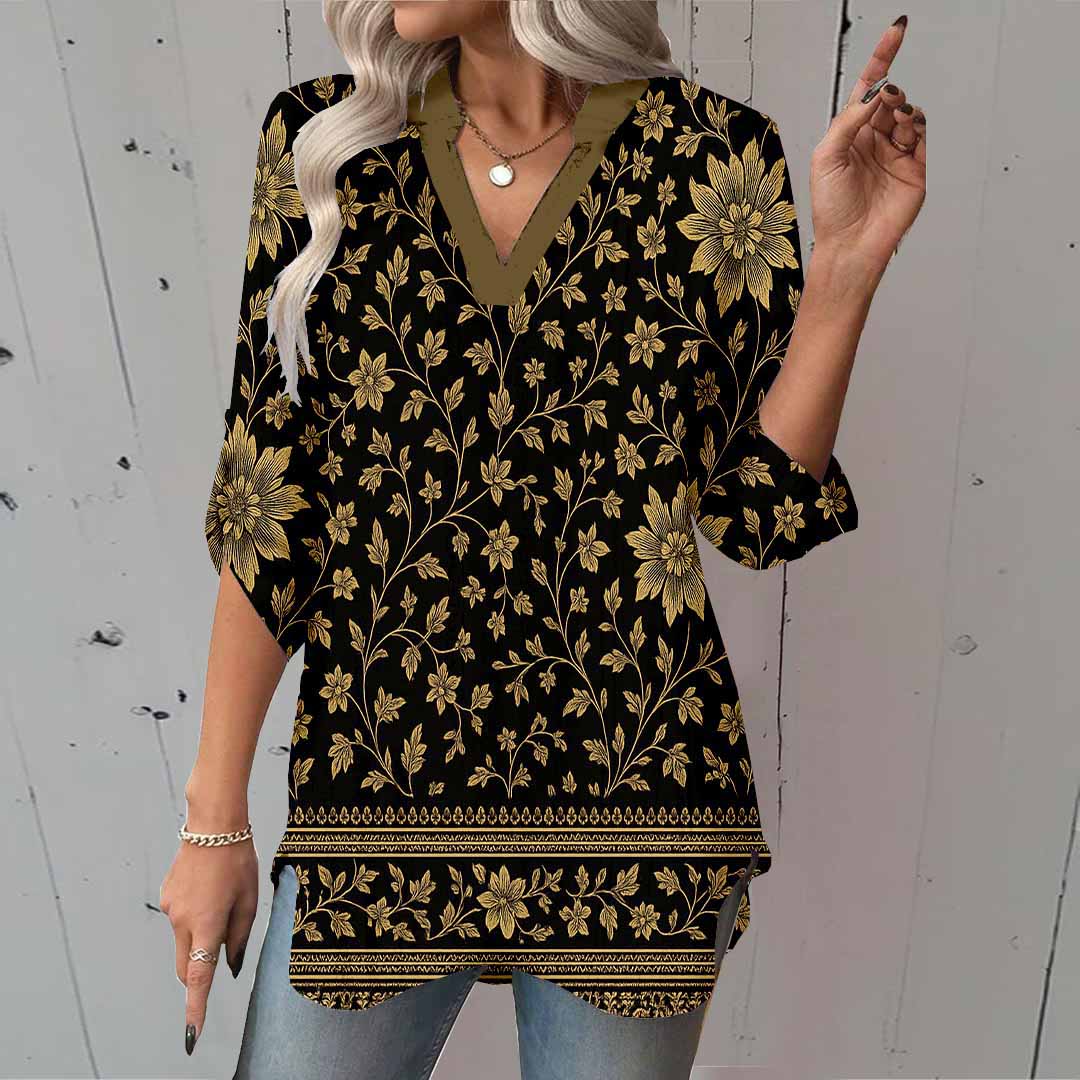 Women Retro, Green DZGA0334 3/4 Sleeve V-neck Printed Graphic Button Tops