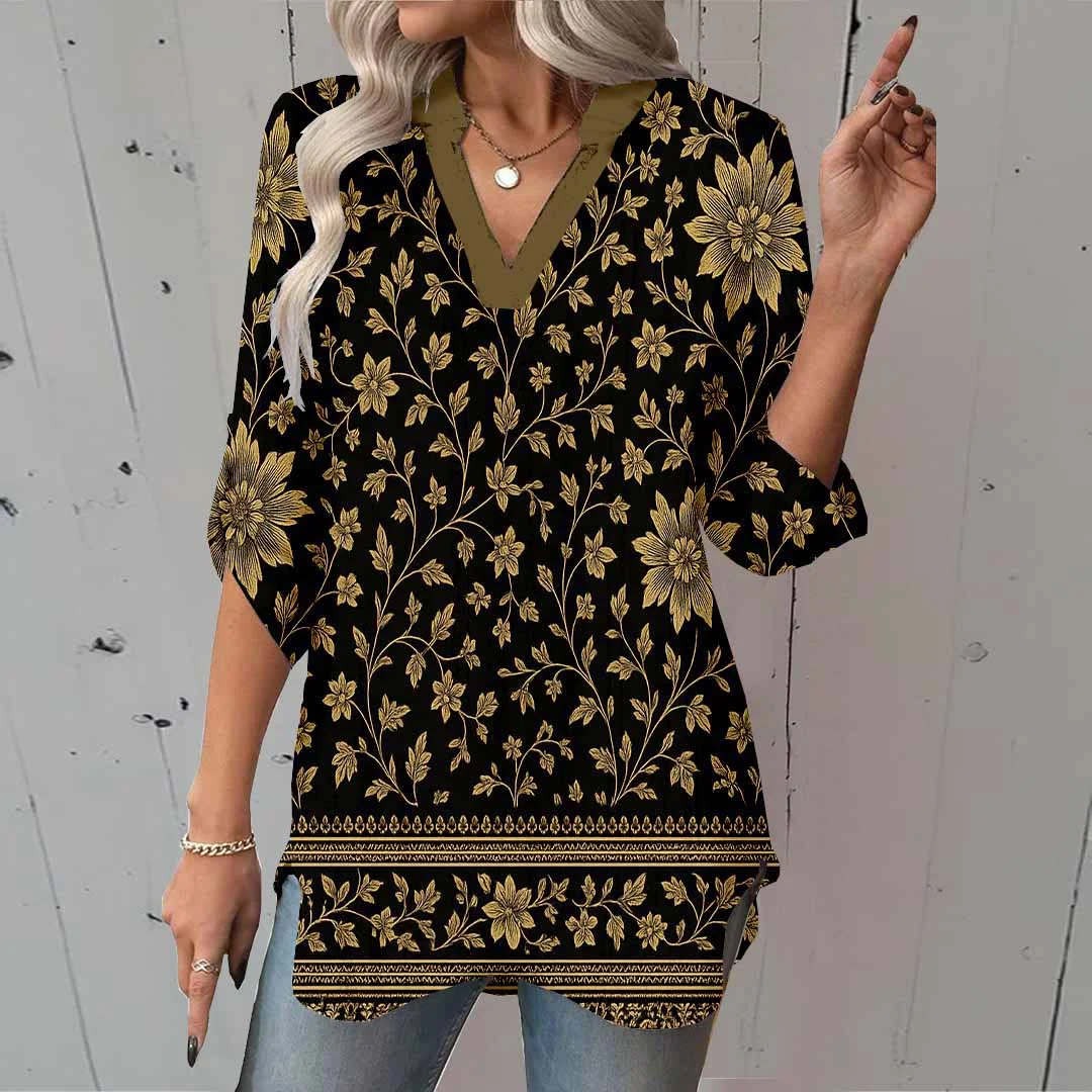 Women Retro, Green DZGA0334 3/4 Sleeve V-neck Printed Graphic Button Tops