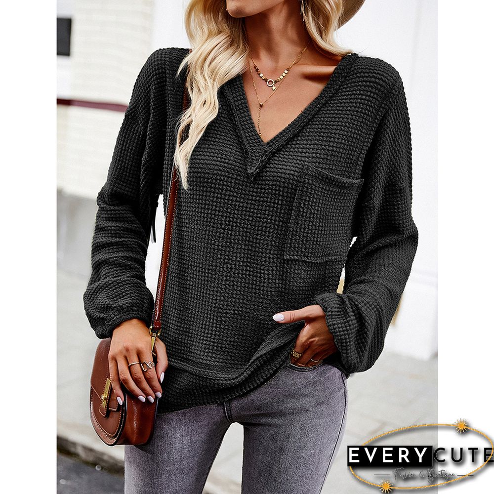 Black V Neck Waffle Pocket Long Sleeve Tops