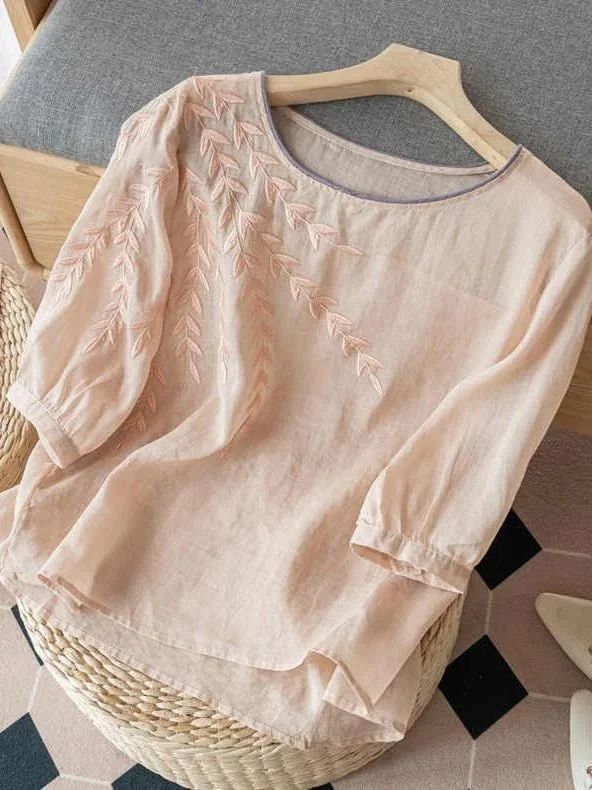 Women'S Round Neck Embroidery Casual Short Sleeve Solid Color Linen Blouse socialshop