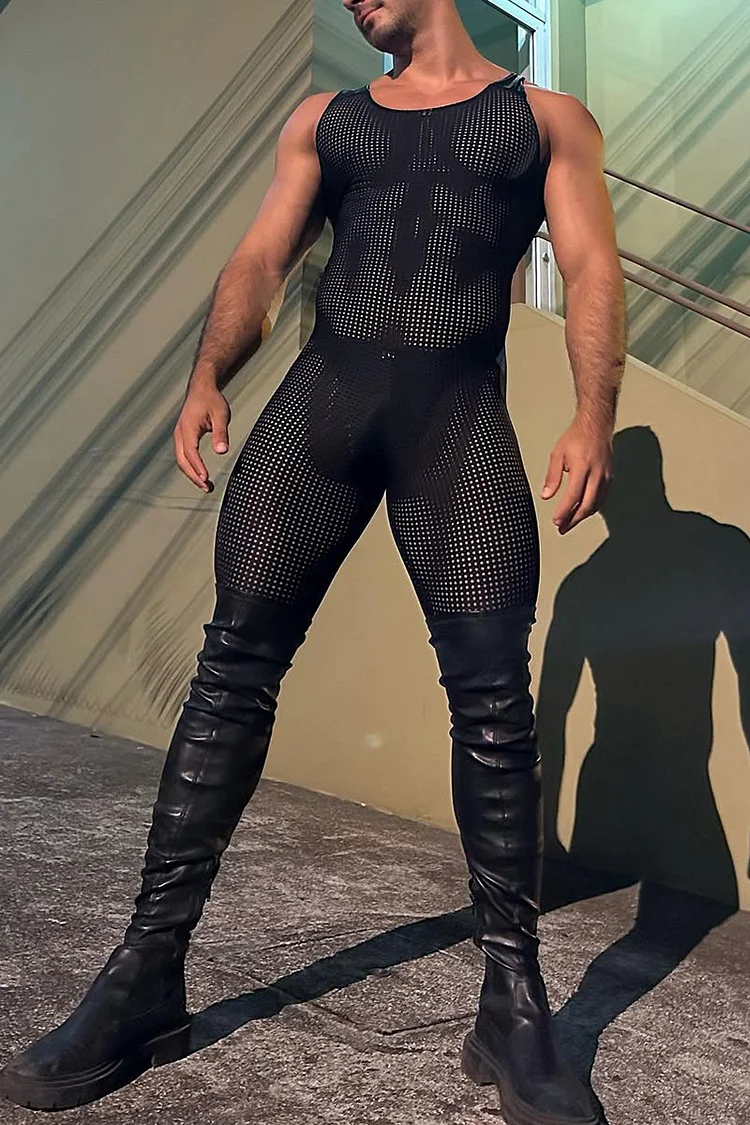 Ciciful Men's Mesh See Through Sleeveless Black Bodycon Jumpsuit