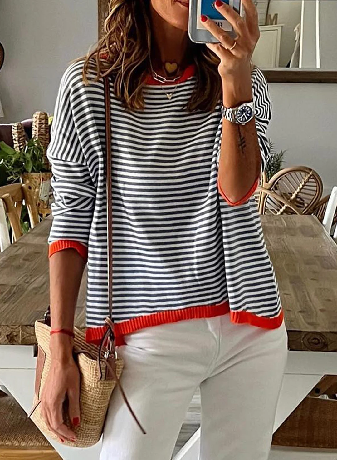 Brownm Knitted Striped Color Collision Design Sweaters