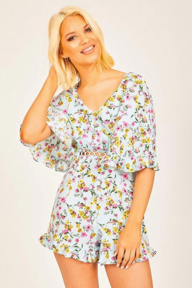 Blue Floral Frill Sleeve Playsuit Katch Me