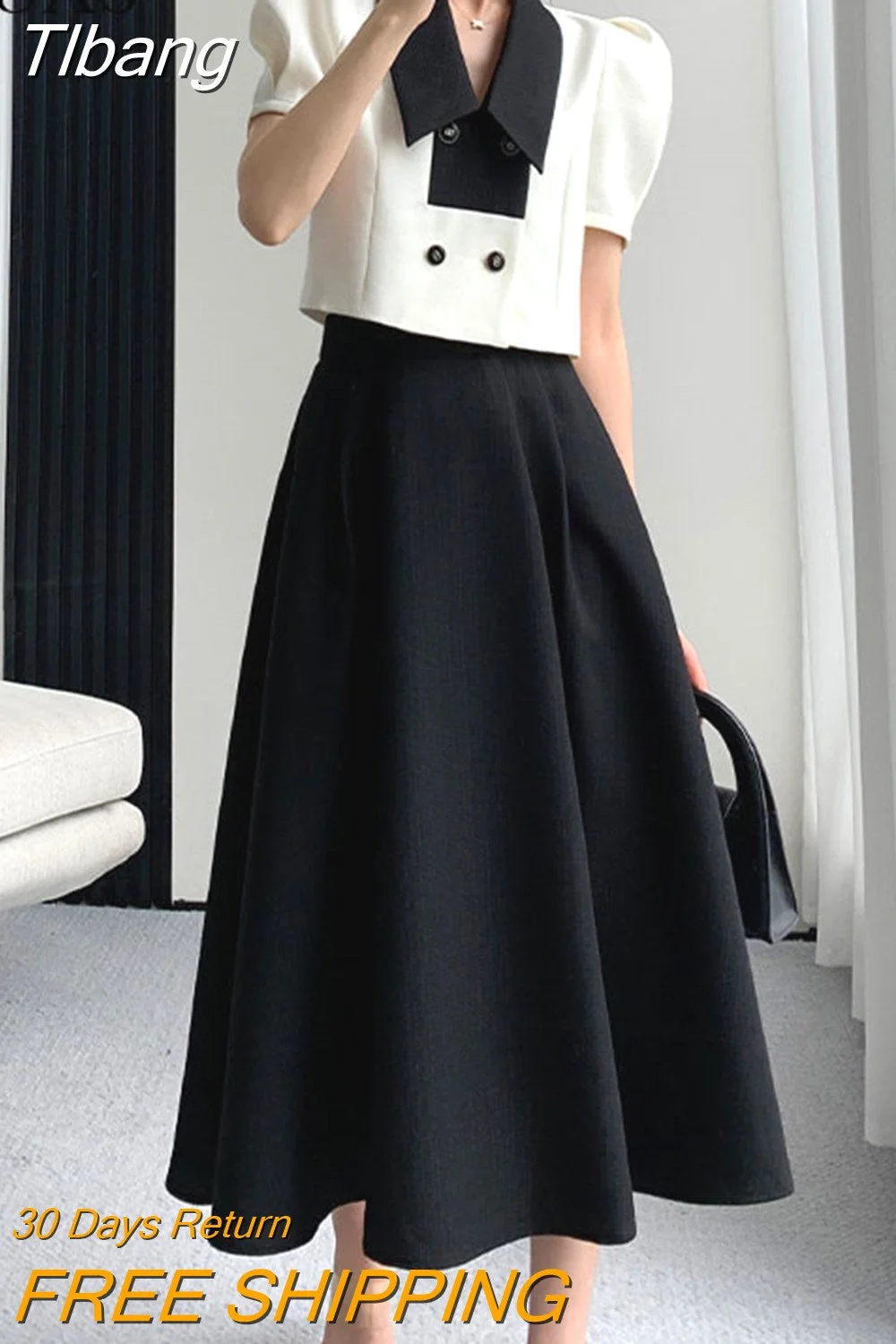 Tlbang Elegant Two Piece Sets Women 2023 New Summer Office Lady Puff Sleeve White Crop Top Female Clothes Black Midi Skirts Suit