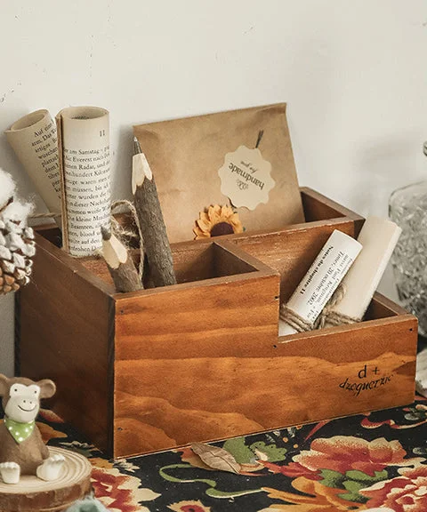 Vintage 3 Compartment Wood Storage Pen Holder-Himinee.com