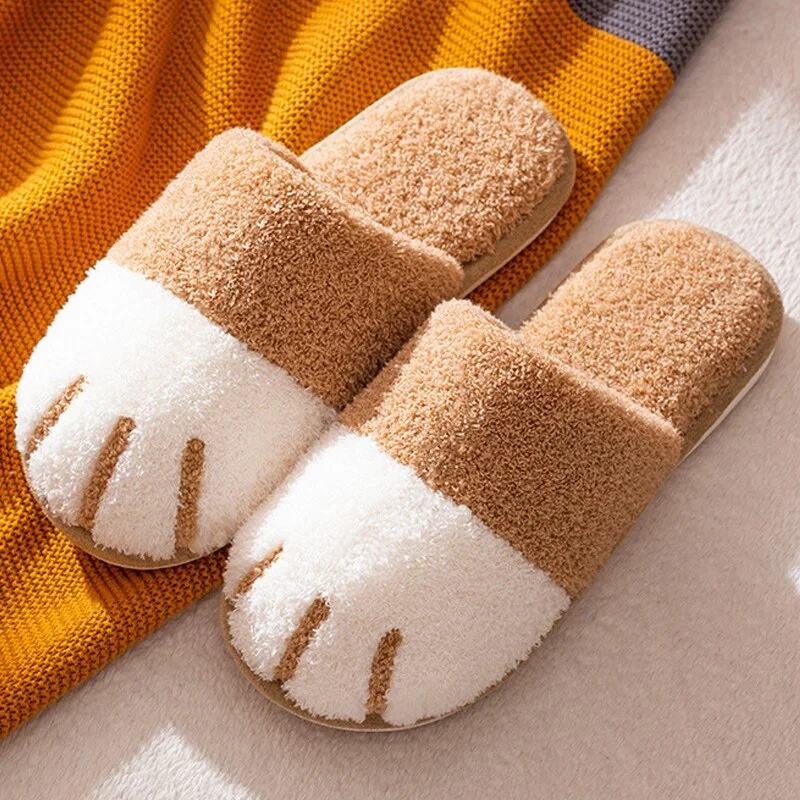 Winter House Cute Cat paw Slipper Women Fur Slippers Bedroom Floor Mute Lovers Plush Shoes Nonslip Indoor Women Fluffy Footwear