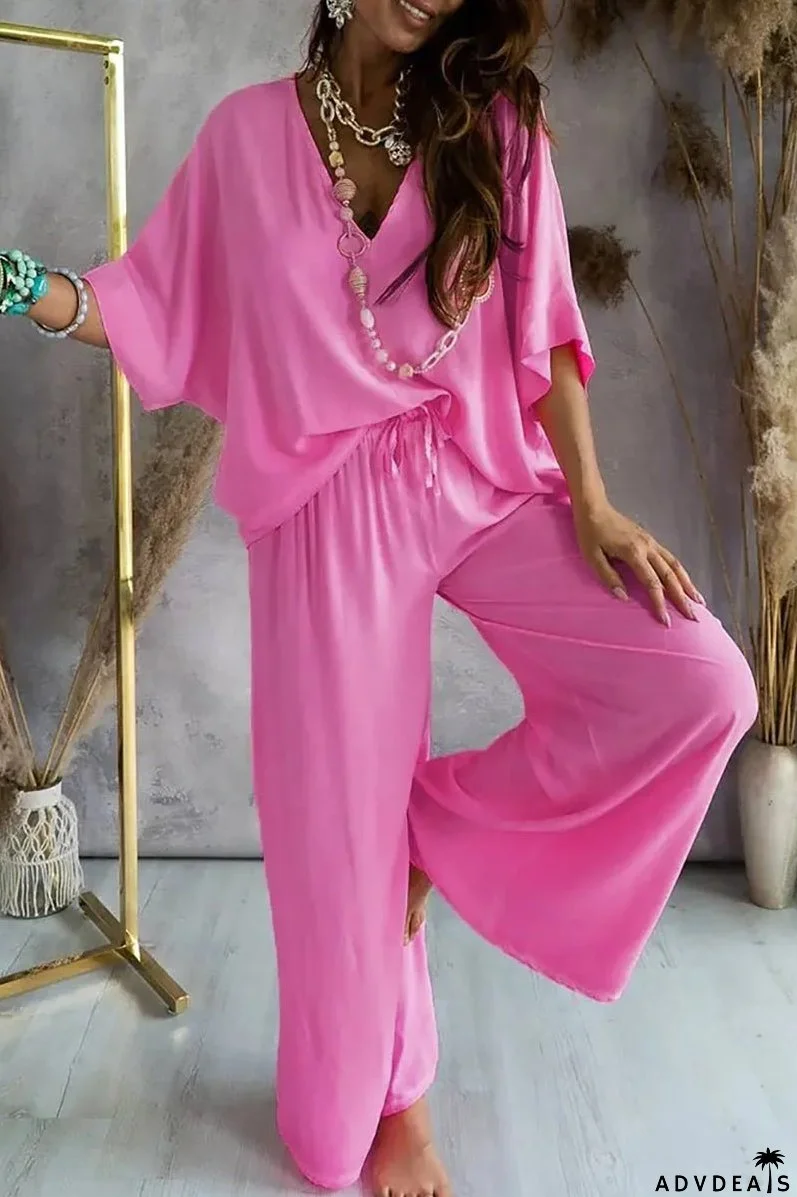 V Neck Bat Blouse Pants Set