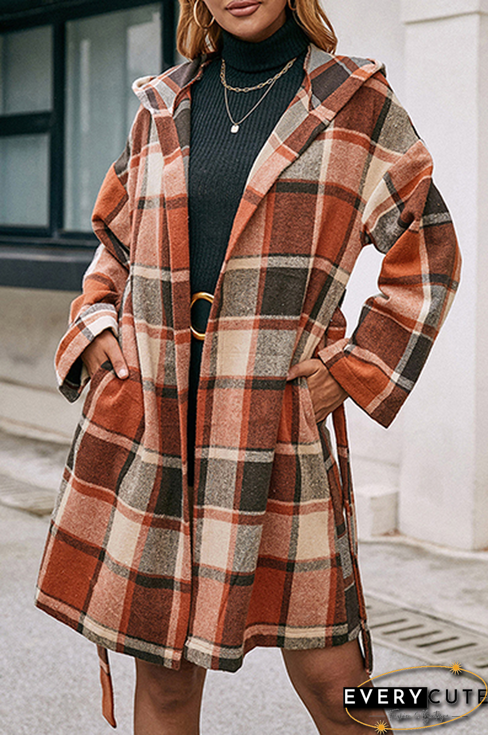 Fashion Elegant Geometric Pocket With Belt Hooded Collar Outerwear