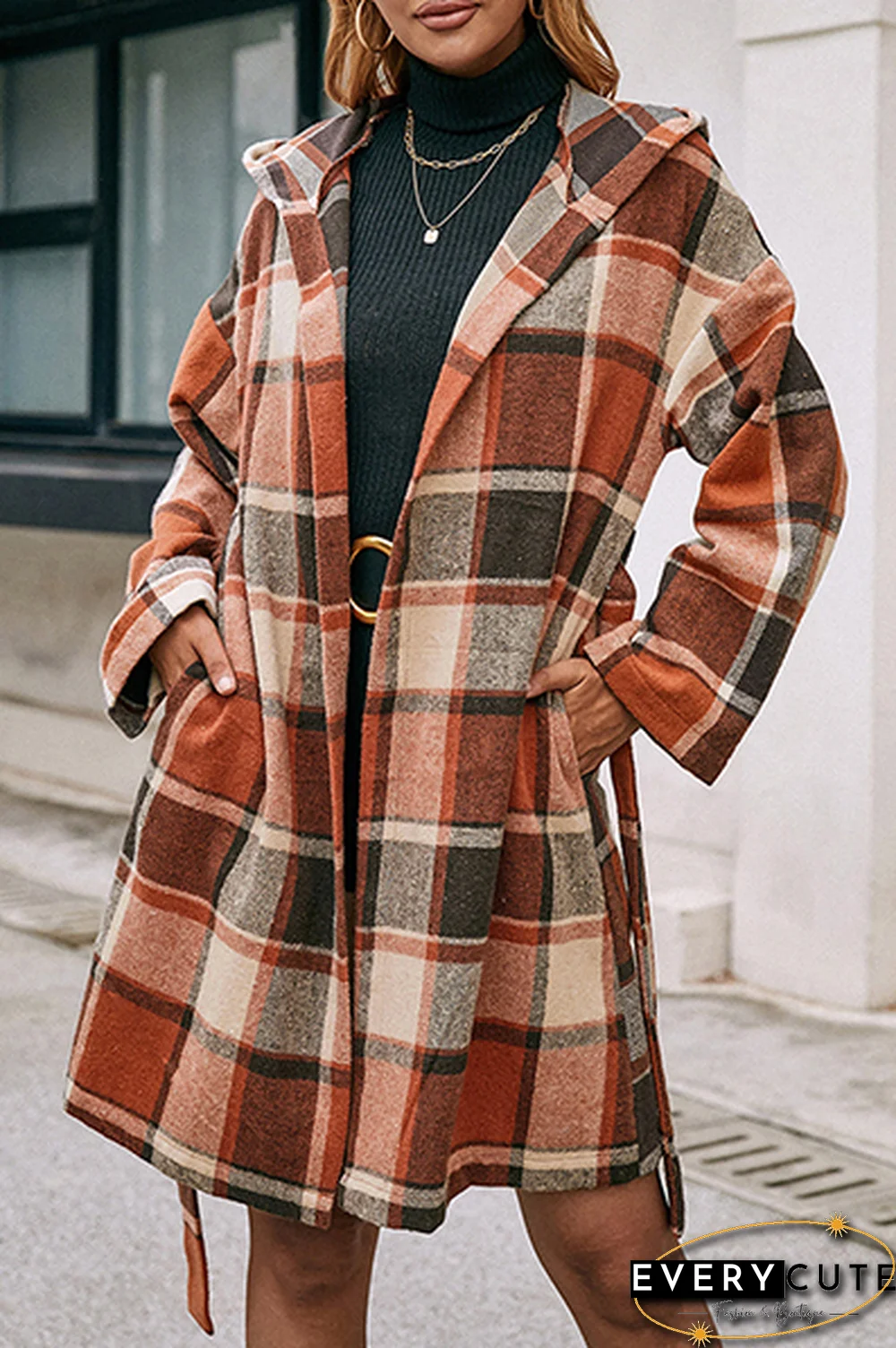 Fashion Elegant Geometric Pocket With Belt Hooded Collar Outerwear