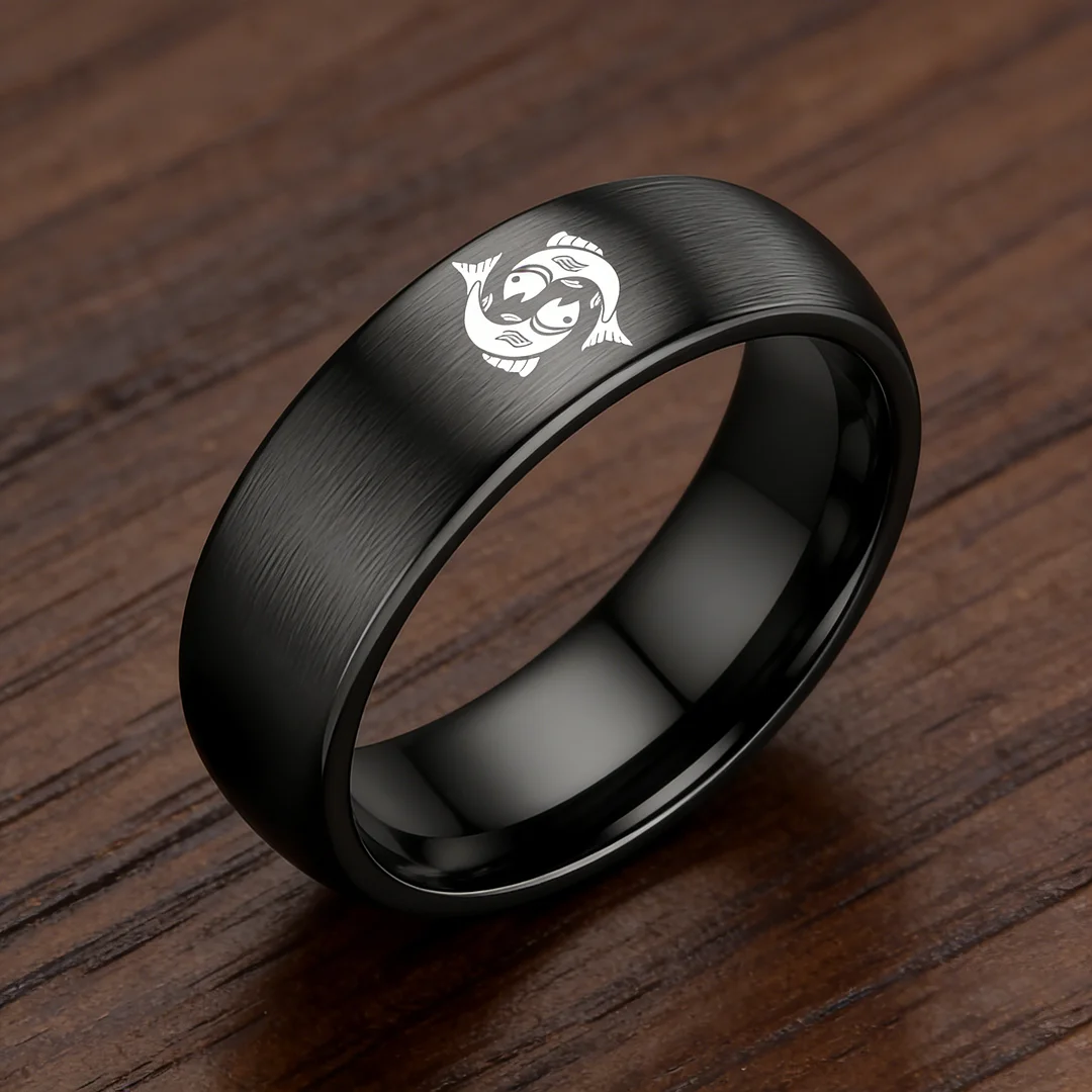 4MM 6MM 8MM Width Black Pisces Tungsten Carbide Rings Prints Laser Design Domed Top Tungsten Wedding Bands 