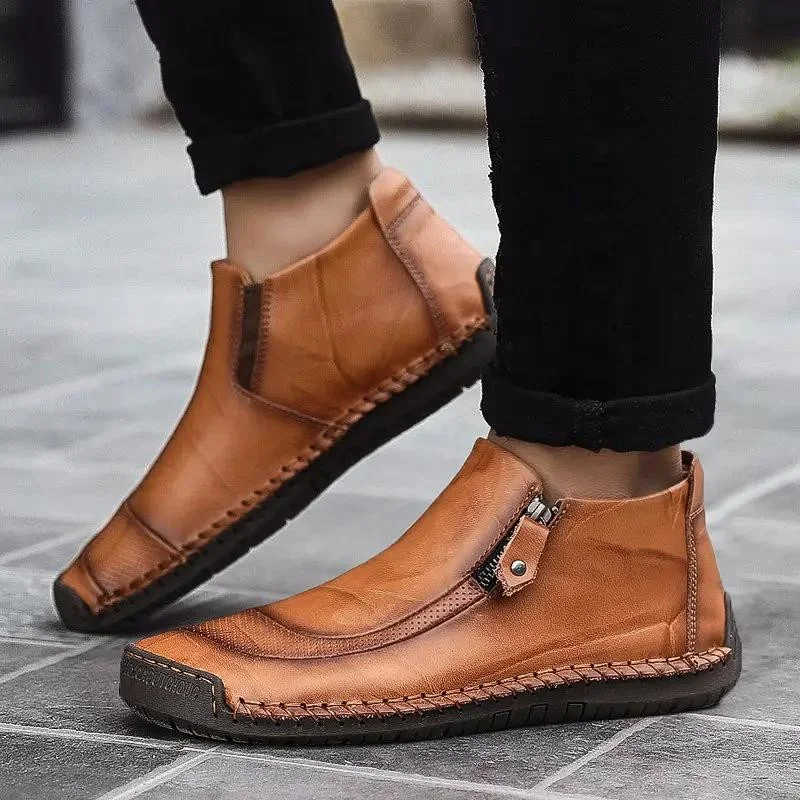 MEN LEATHER HAND STITCHING SIDE ZIPPER COMFY SOFT ANKLE BOOTS