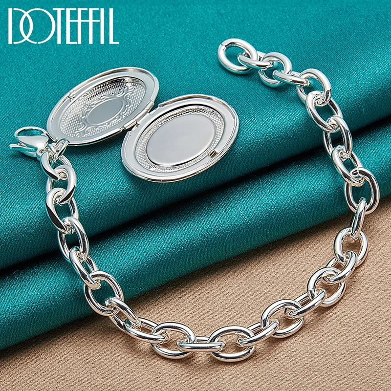 925 Sterling Silver Oval Photo Frame Thick Chain Bracelet For Man Women Jewelry