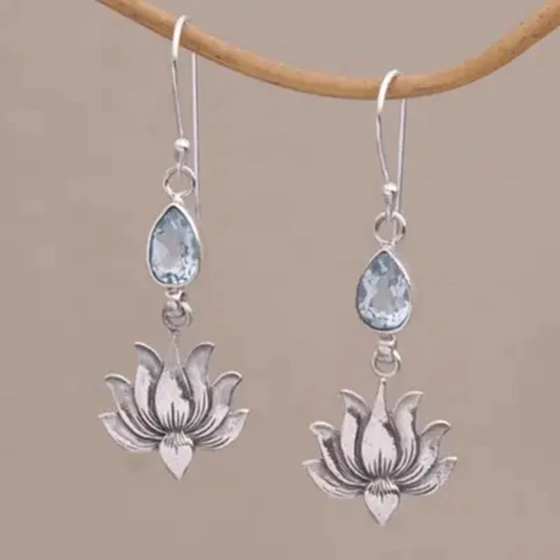 Vintage Metal Hand Carved Lotus Earrings Set with Blue Crystals Women's Hook Drop Earrings Jewelry