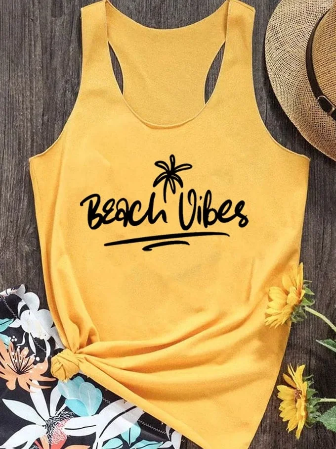 Women's Beach Vibes Palm Coco Tree Print Tank Top-mysite