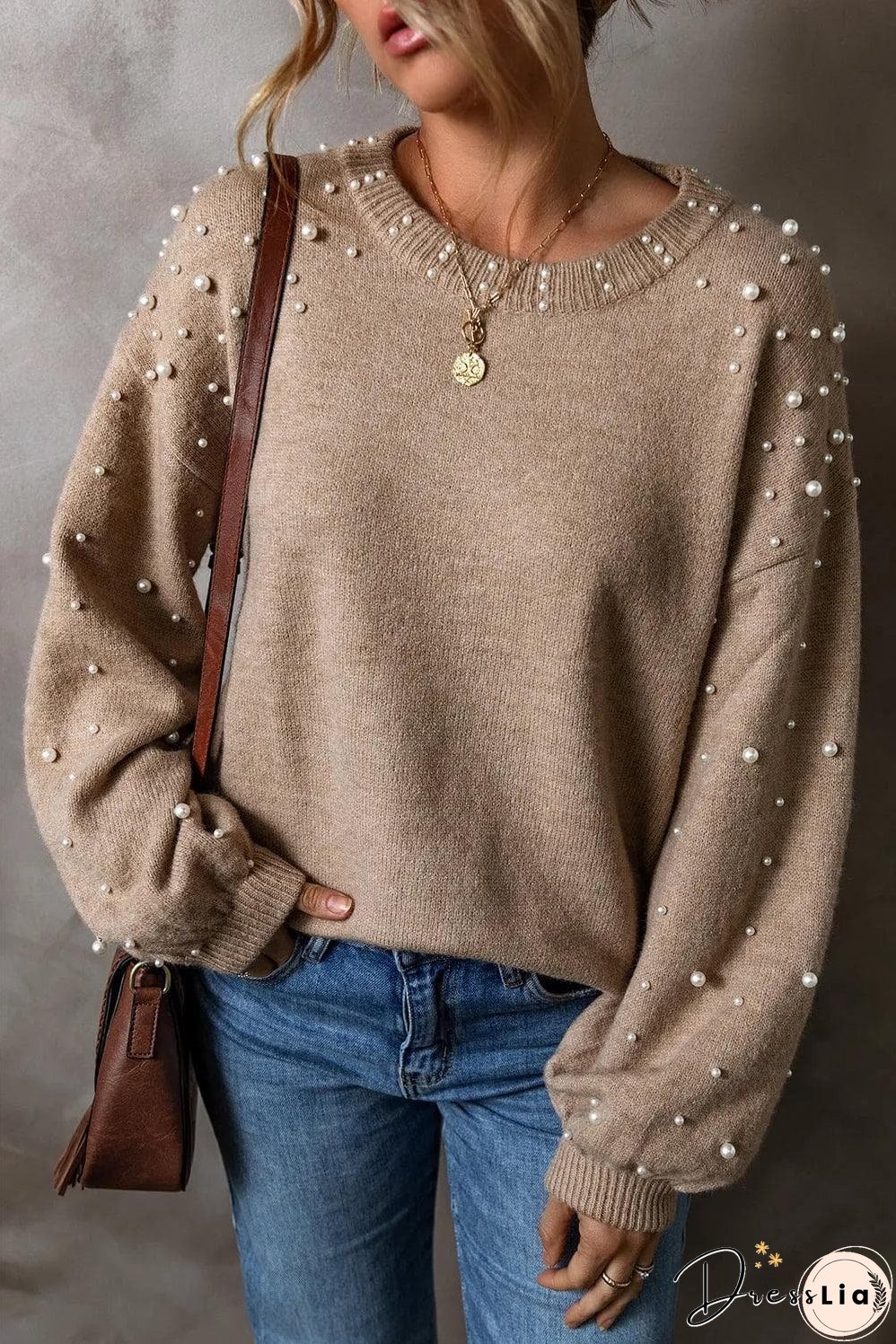 Smoke Gray Pearled Drop Shoulder Round Neck Sweater