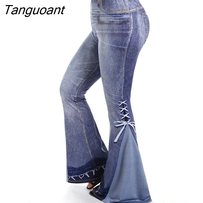 Tanguoant Women 3D Jeans Lace-up Printed Flare Pants Y2K Elastic Slim High Waist Sexy Pull On Pant Streetwear Bell Bottom Trousers