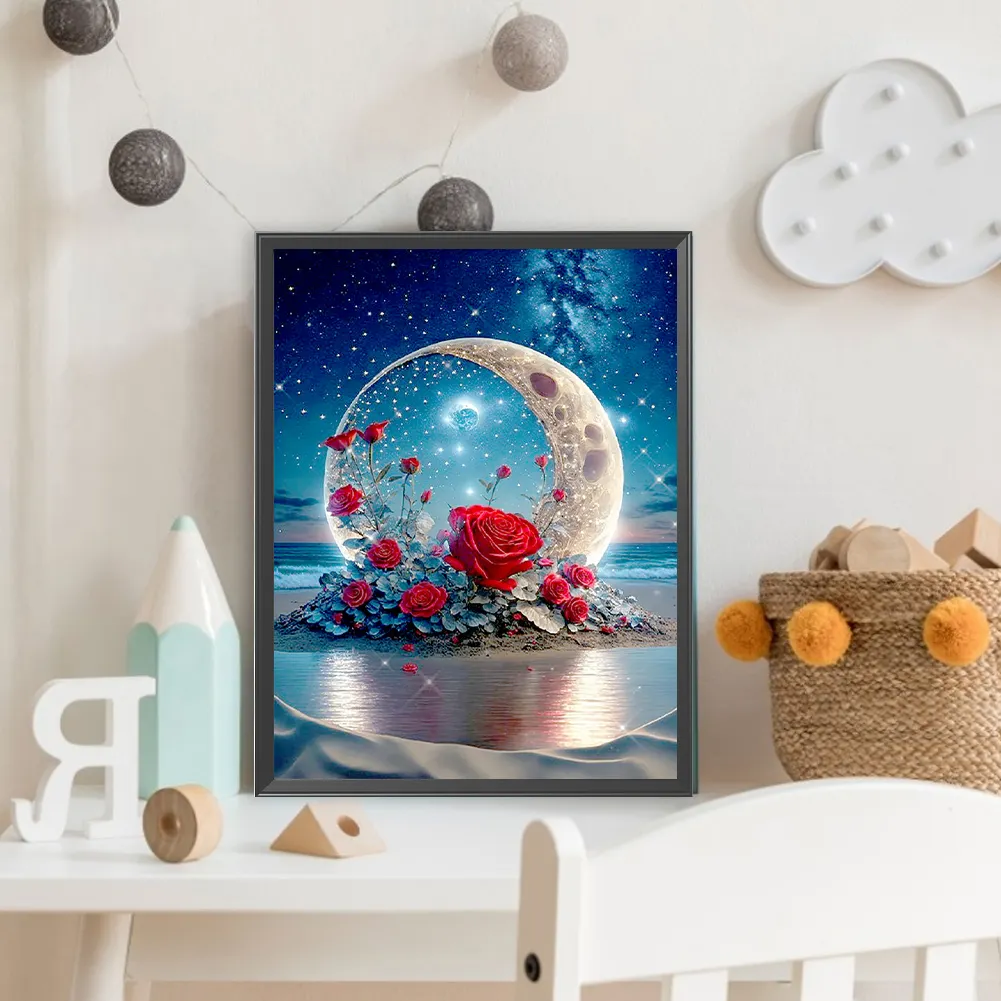 Full Round Diamond Painting 30*40cm - Red Roses Under The Moon