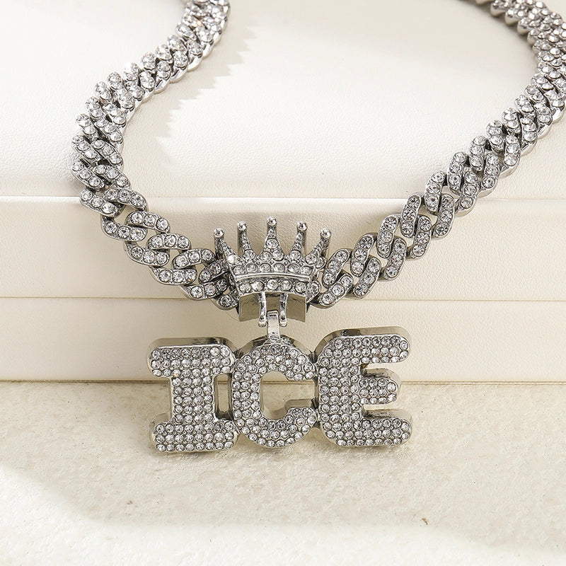 1PC New Arrival Gold Jewelry Man Silver Plated Color Letter ICE Charm Necklace Bling Bling Hip Hop Crown Design Jewelry With Cuban LInk Chain