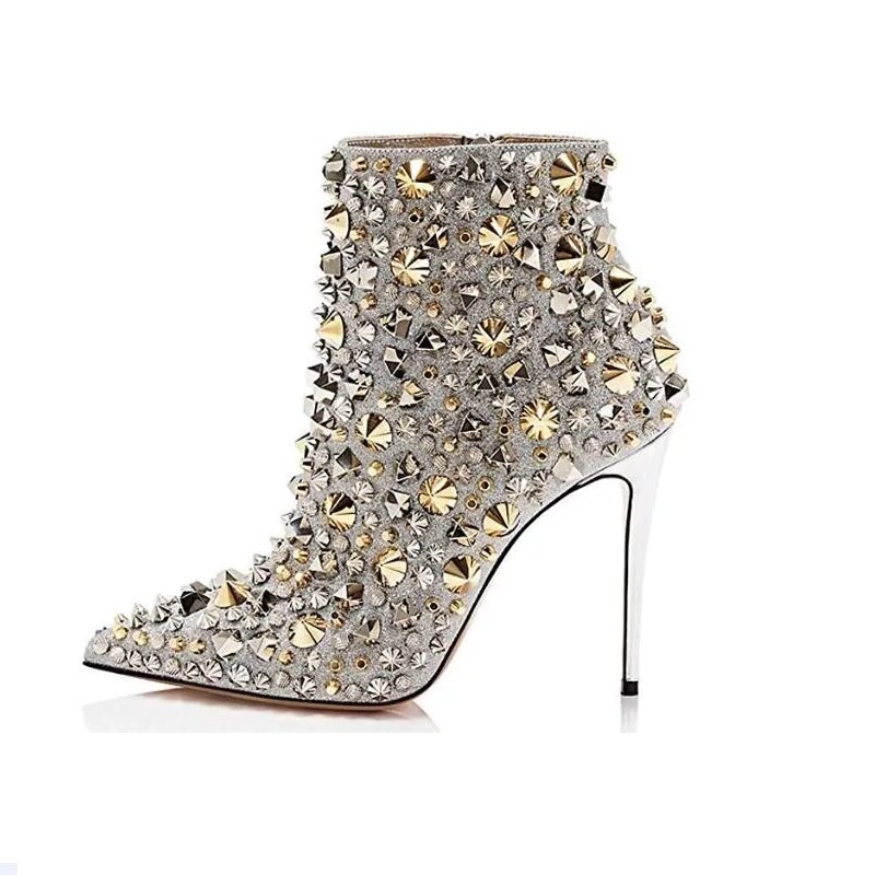 Stiletto Heel Ankle Boots Women Full Rivets Studded High Heels Party Shoes Woman Pointed Toe Punk Boots