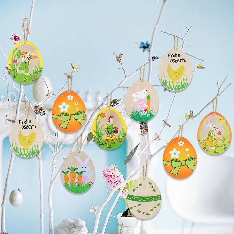 10pcs Wooden Easter Egg Wood Slices Pendant Ornaments Wedding Party Decoration Graffiti Egg Craft Hanging Kids Gift Easter Party