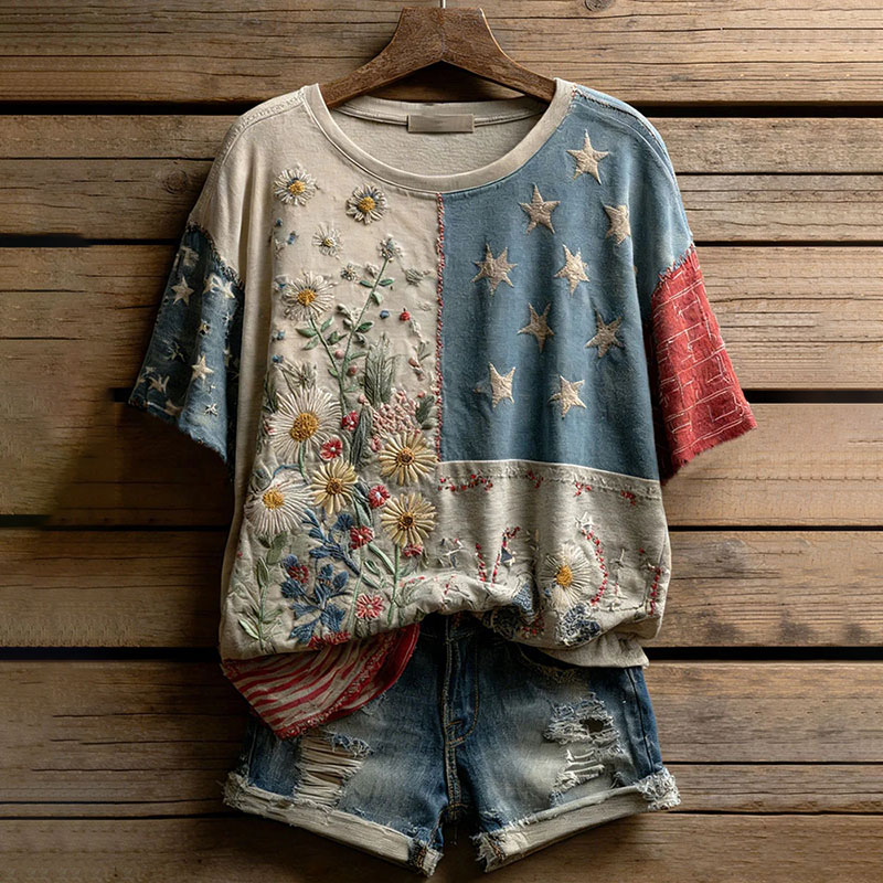  Women's Vintage Independence Day Art Print Casual Short Sleeve T-shirt Westsshops
