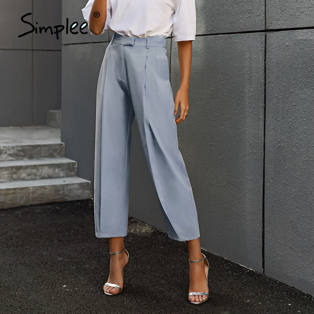 Simplee Solid high waist office lady trousers Loose casual apricot summer women pants High street style Harlan pleated trousers