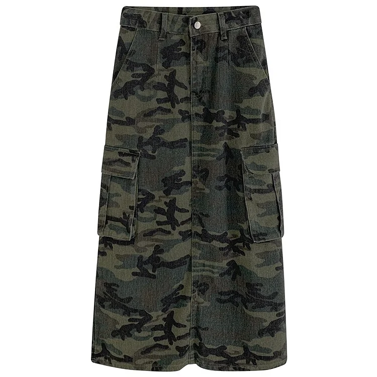 Street Tooling High Waist Camouflage Back Split Hem Denim Skirt