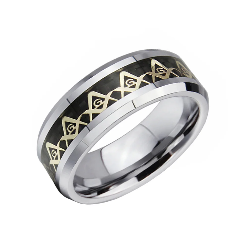 8mm Gold Masonic Decent Mens Tungsten Carbide Rings
