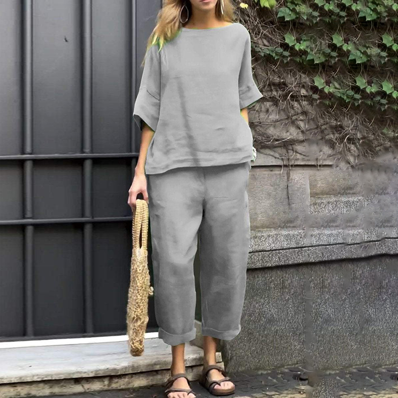 Comstylish Casual Cotton Linen Shirt High Waisted Loose Trousers Two-Piece Set