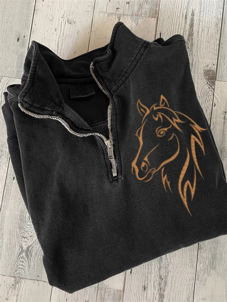 Horse Embroidery Art Zip Up Sweatshirt