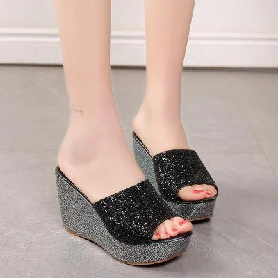 Women Slipper Sandals Heels Wedges Platform Leather Peep toe Crystal Elegant Female Sandals Ladies Mules clogs Summer Shoes