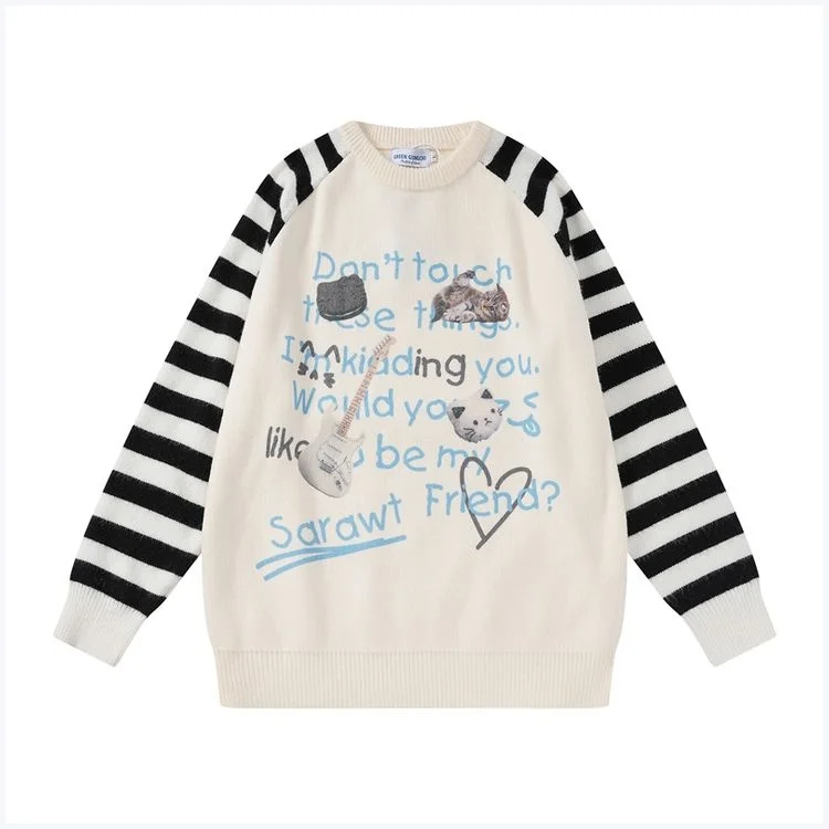 Demandernyc Men and Women American O-neck Striped Raglan Sleeve Print Pullovers Sweater Autumn Winter Casual Loose Versatile Couple Knitwear