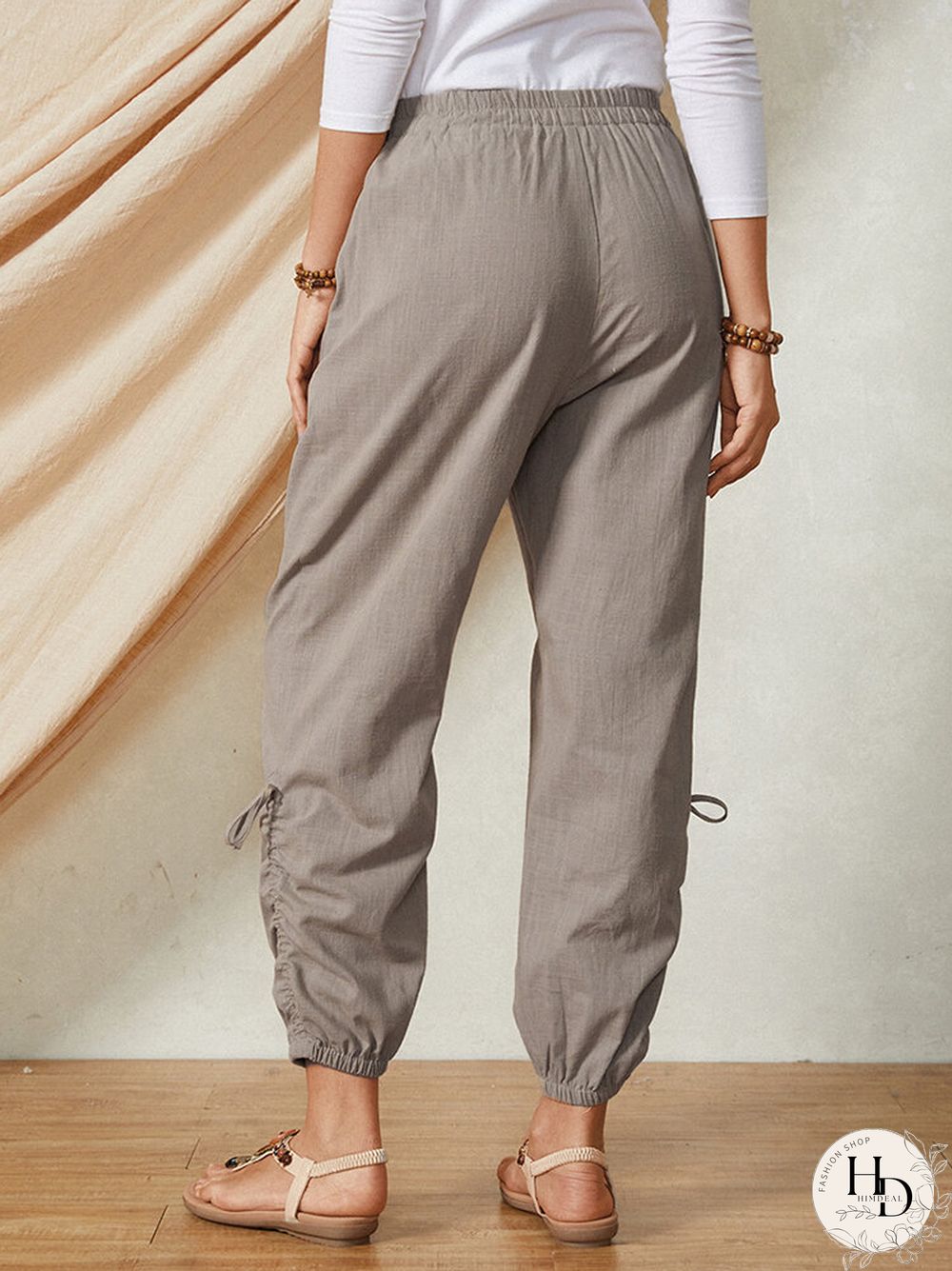 Solid Color Pocket Elastic Waist Drawstring Design Casual Cotton Women Pants