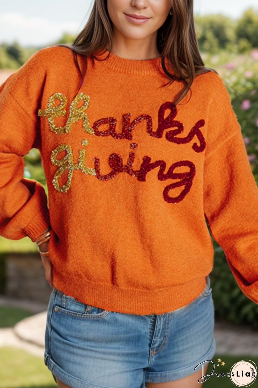 Letter Round Neck Long Sleeve Sweater