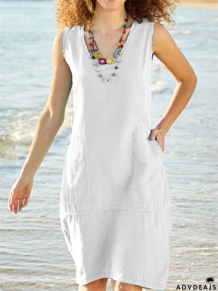 Women's Solid U-neck Cuffless Pockets Pullover Dress