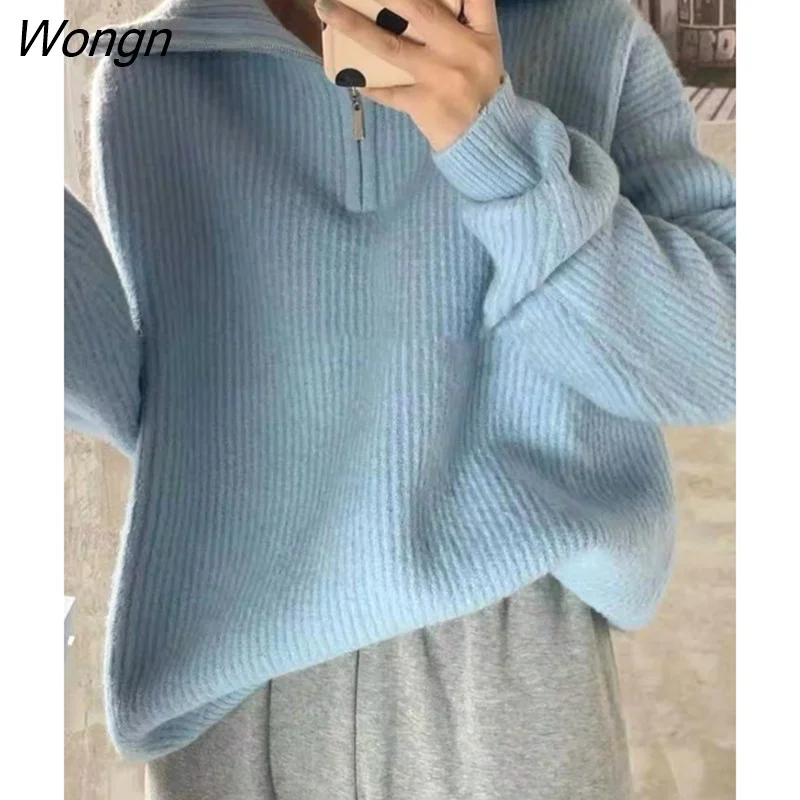 Wongn Women Sweaters 2022 Casual Loose Turtleneck Zipper New Autumn and Winter Long Sleeve Top Knitted Vintage Green Sweater