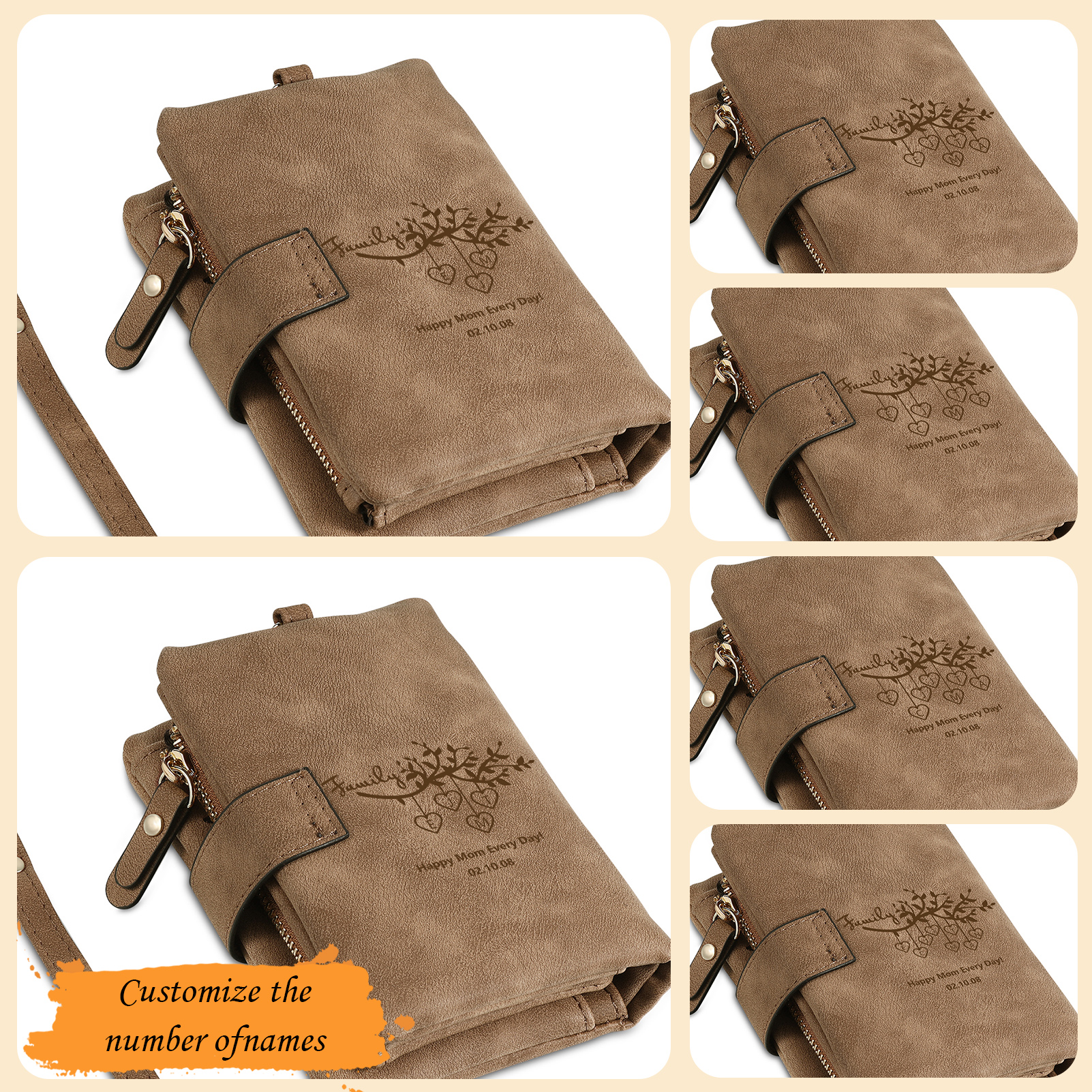Portafoglio in PU pelle albero di vita con 6 letetre & 1 testo & 1 nome personalizzati per mamma/nonna