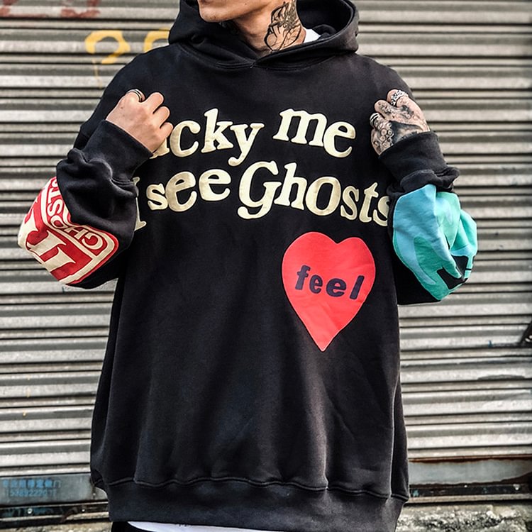 Kanye Hoodie Lucky Me I See Ghosts Graffiti Letter Printed Oversized Fleece Sweatshirt