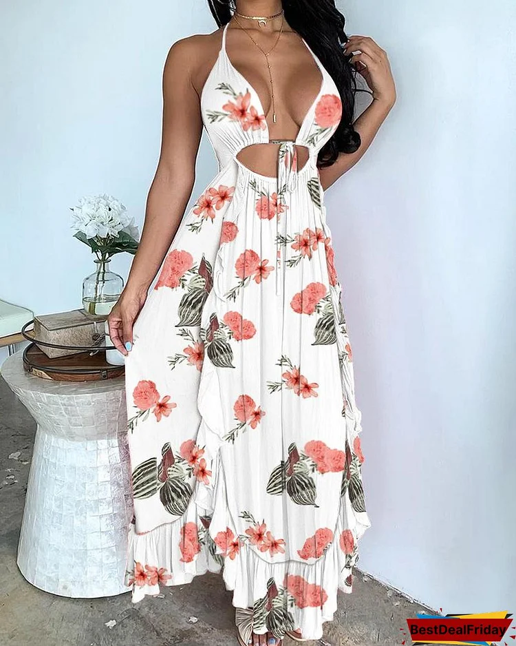 Vacational Backless Cutout Frill Hem Rose Floral Print Dress P5355965904