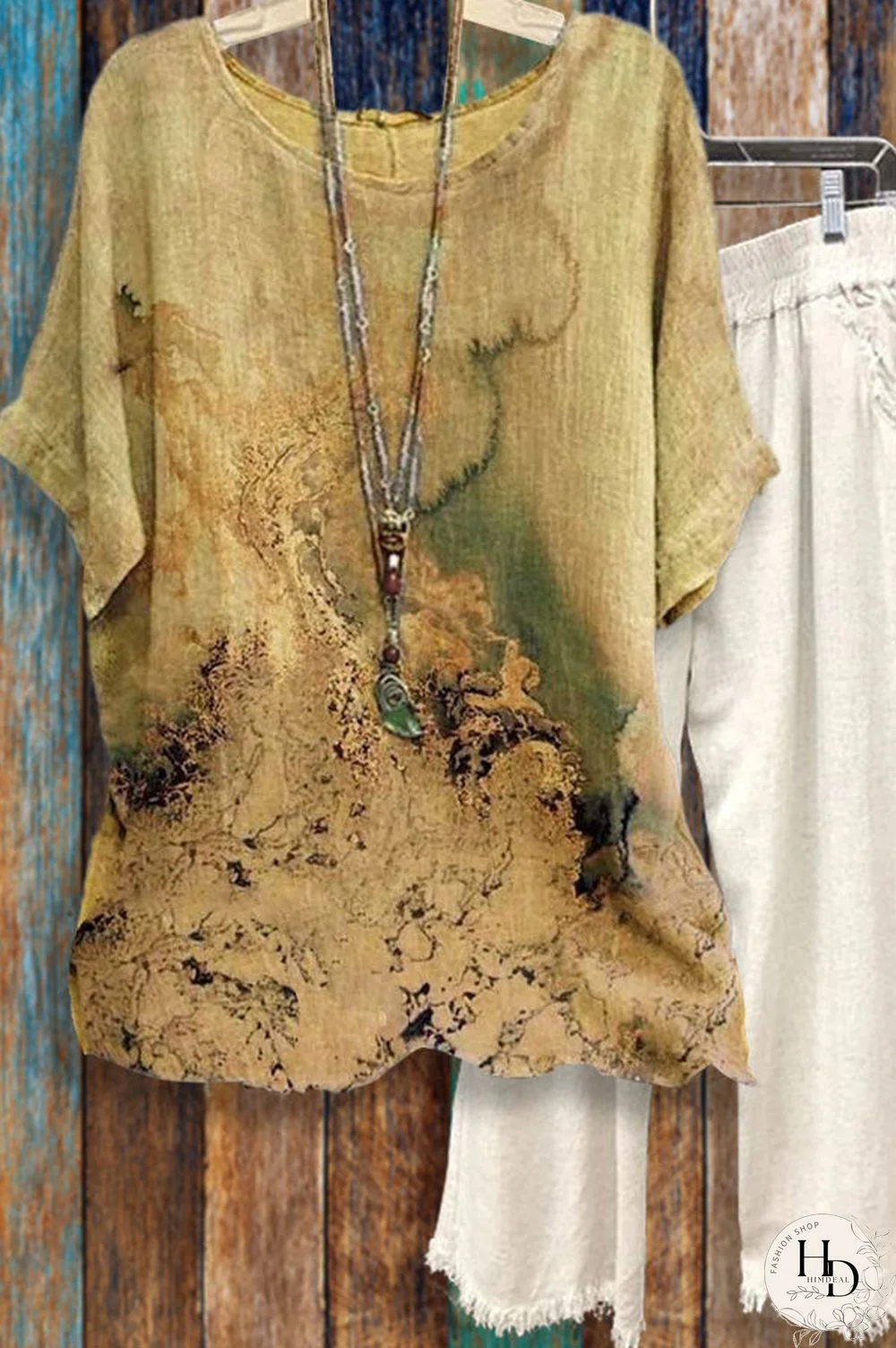 Tie-dye Loose Round Neck Short Sleeve Cotton Linen Tops